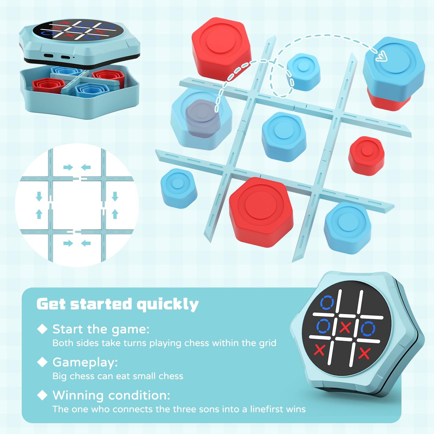 Electronic Tic Tac Toe Game,5-in-1 Handheld Puzzle Games,Tic Tac Toe Bolt Game for Educational&Memory,Portable Travel Games for Car Ride with Silent