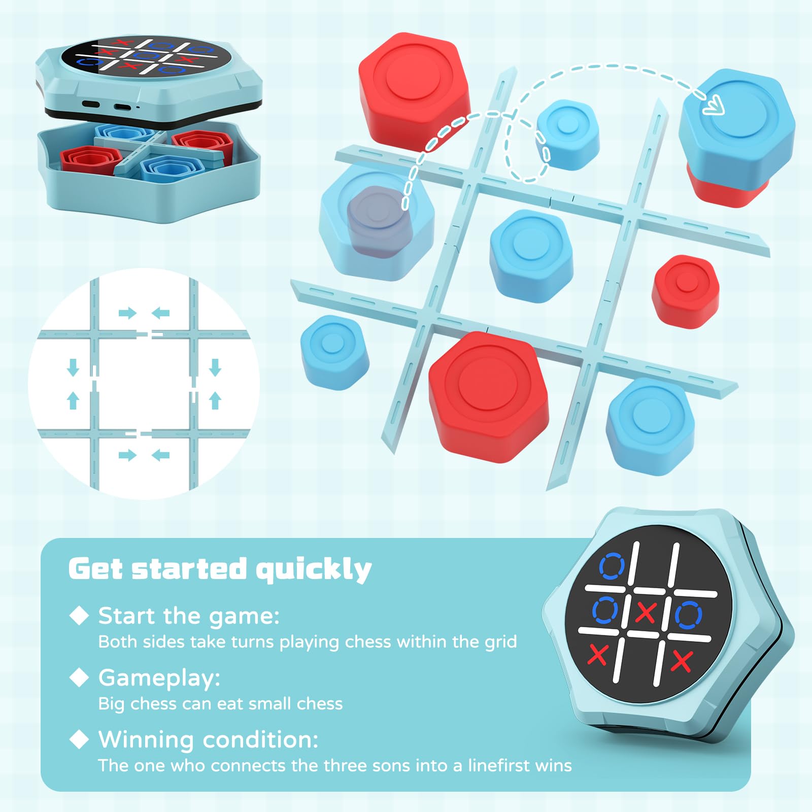 Electronic Tic Tac Toe Game,5-in-1 Handheld Puzzle Games,Tic Tac Toe Bolt Game for Educational&Memory,Portable Travel Games for Car Ride with Silent