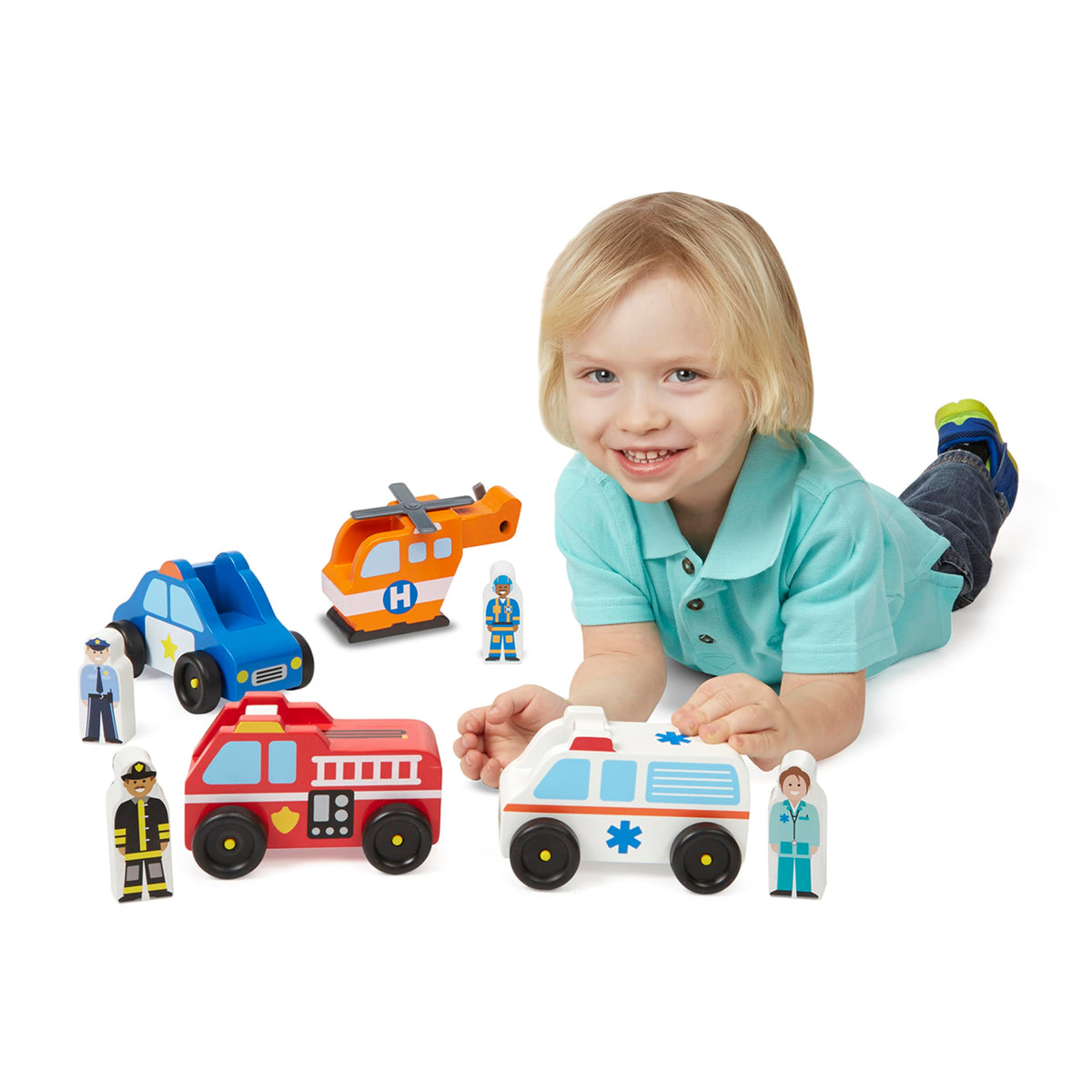 Melissa & Doug Emergency Vehicle Wooden Play Set with 4 Vehicles, 4 Play Figures