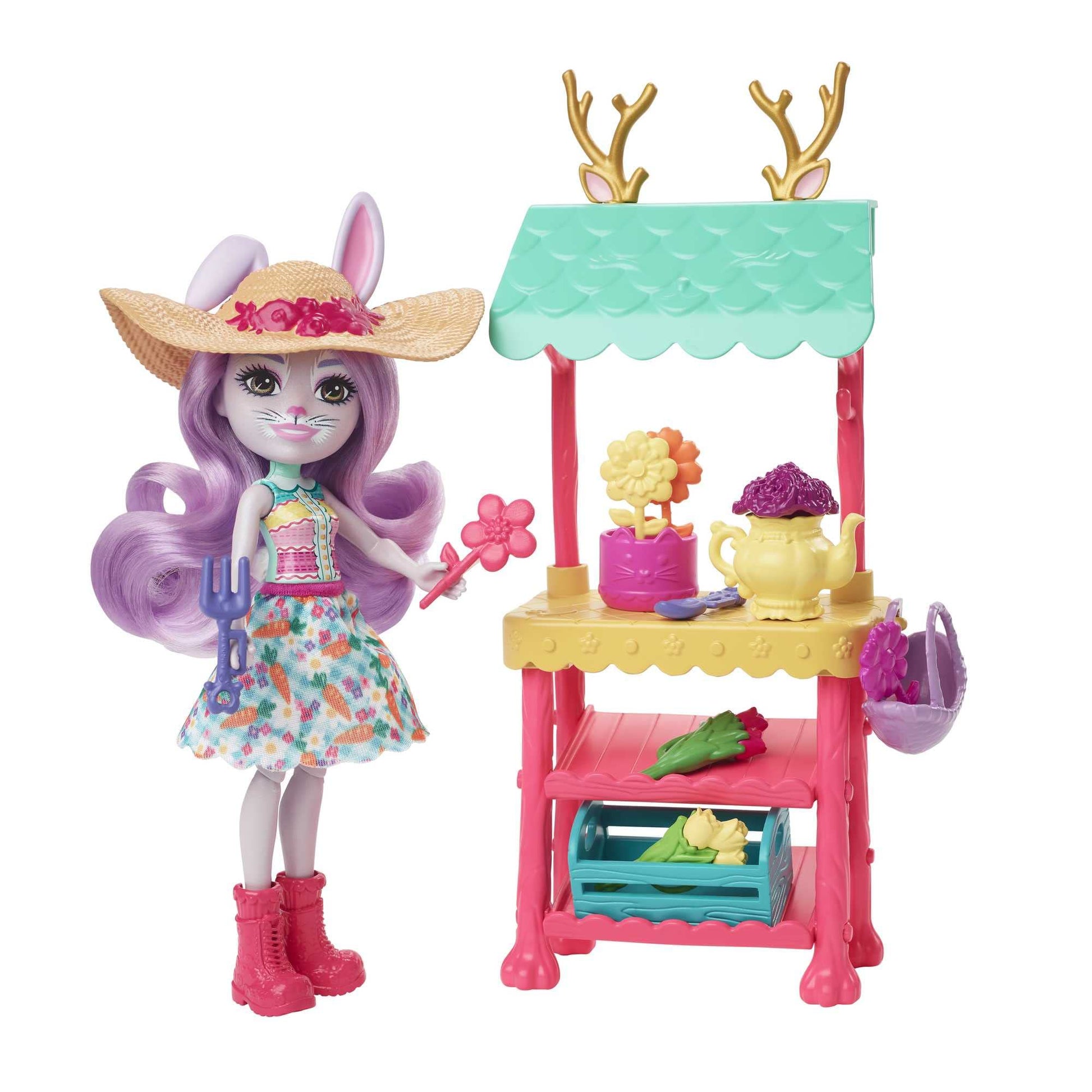 Mattel Enchantimals City Tails Bunny Farms Market Toy Playset with Small Doll & 35+ Accessories, Becker Bunny Doll & Lop Bunny Figure