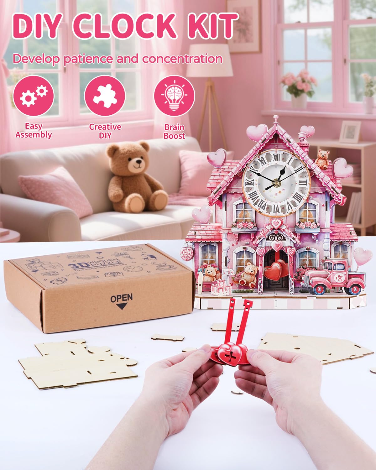 Rnfinewow 3D Wooden Puzzles for Adults, 3D Puzzle Sweetheart House Clock Kit (with Pendulum), 3D Puzzles for Adults Home Decor DIY Clock Puzzle Gifts