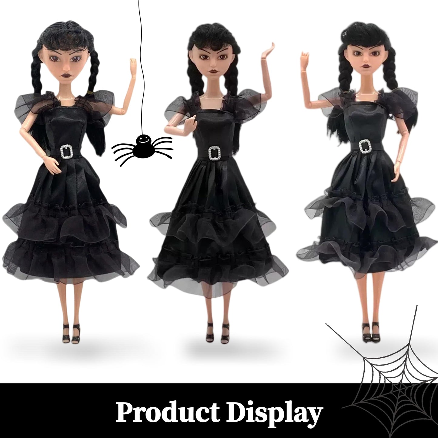 Outeat Addams Dolls for Girls, Addams Doll Black Dress, Ideal Halloween Christmas Birthday Gifts for Kids (A+Keychain)