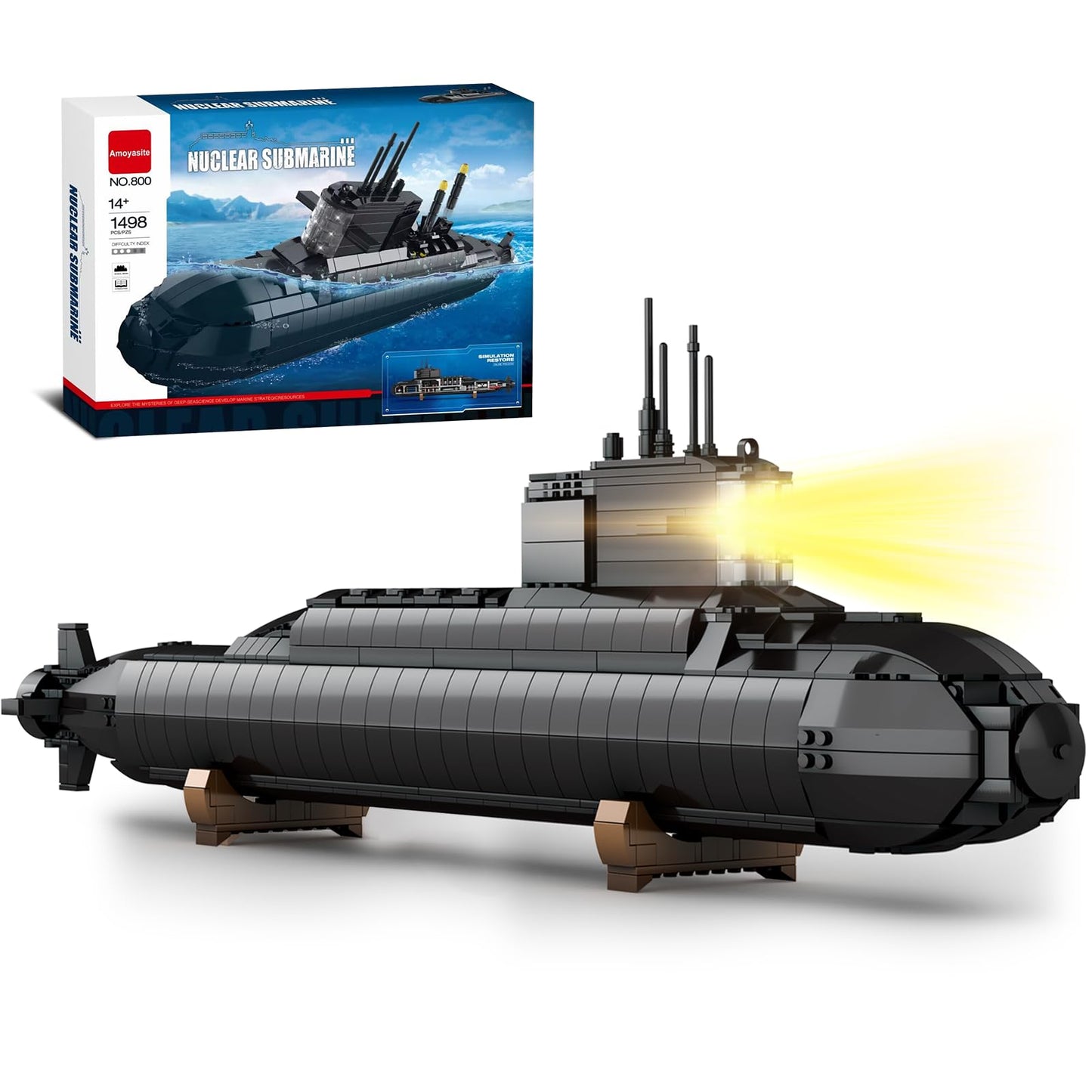 Amoyasite Nuclear Submarine Building Set, 1498 Pcs WWII Military Military Battleship Model with LED Lights, Display Stand, Home Office Decor