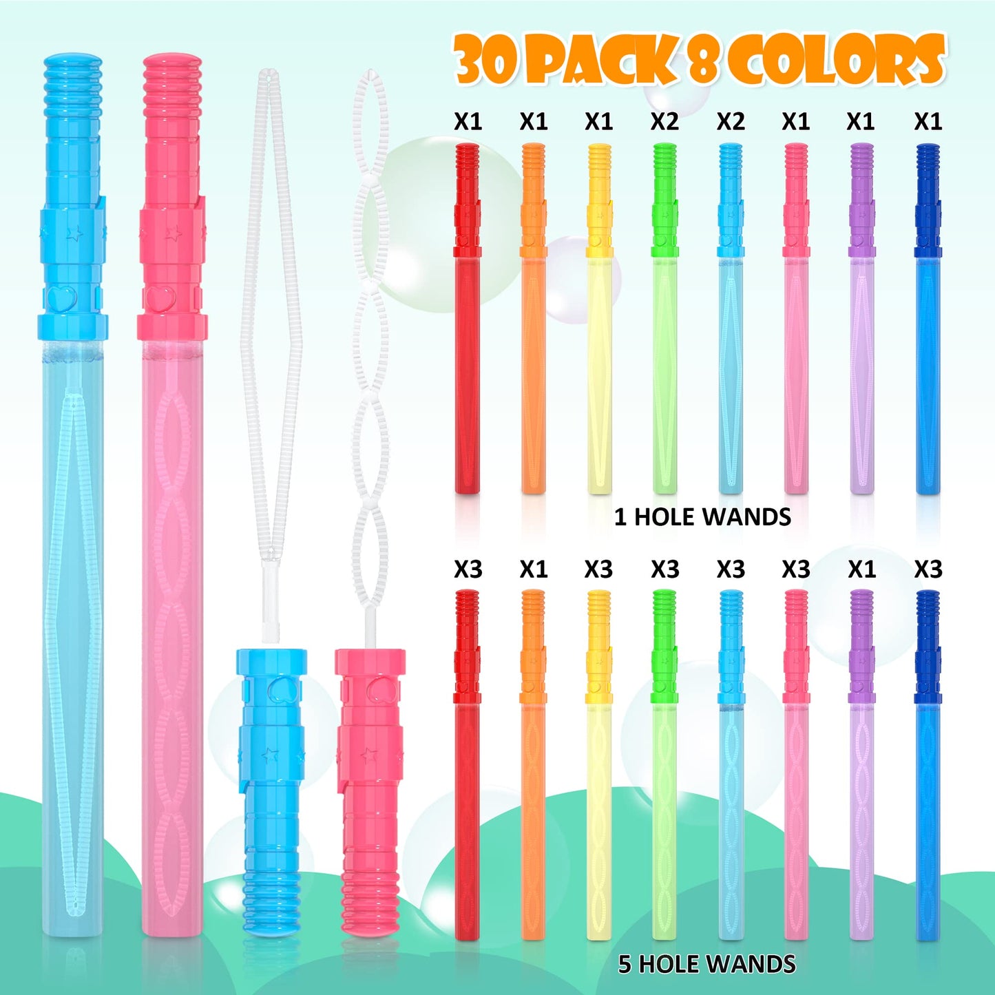 Inscraft 30 Pack 14’’ Big Bubble Wands, 8 Colors Bulk for Summer Toy, Outdoor / Indoor Activity Use, Easter, Birthday, Graduation, Shower, Bubbles