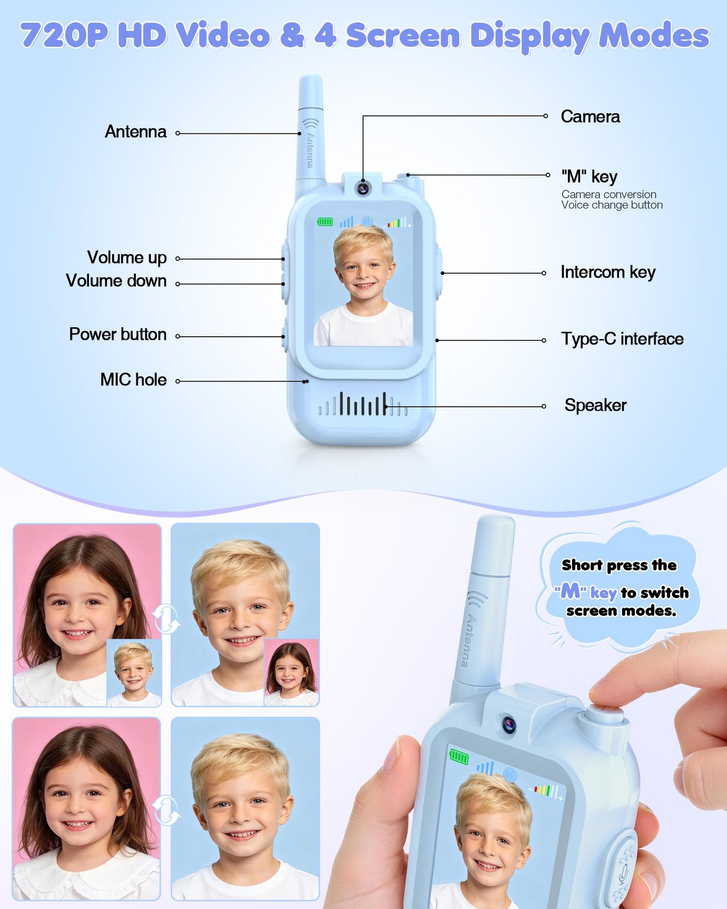 Video Walkie Talkies for Kids 2 Pack, Rechargeable Kids Walkie Talkies with HD Camera & Voice Changer, Long Range Two Way Radios, Outdoor Toys