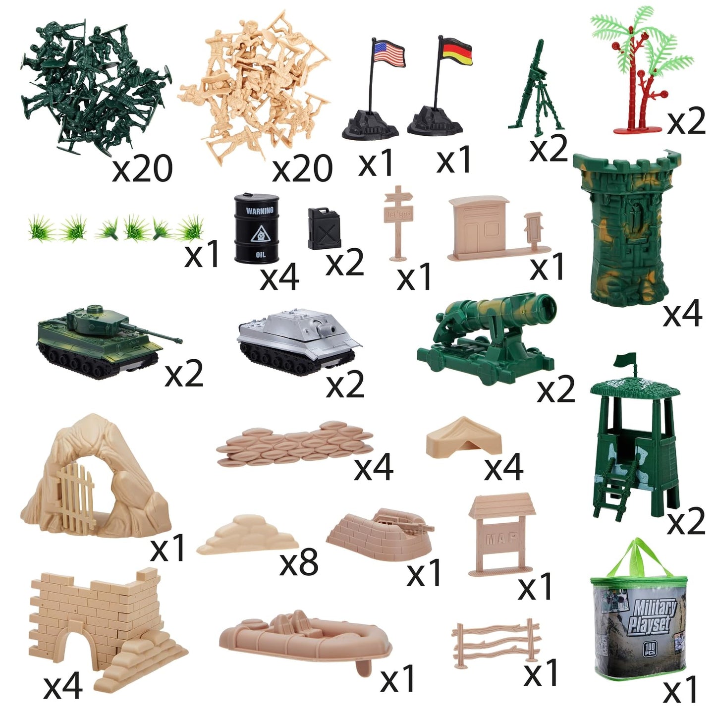 Juvale Action Figures Army Men Playset - Army Toys & Toy Soldiers for Boys Ages 8+ with Tanks & Weapons - Action Figure Accessories & Portable Storage