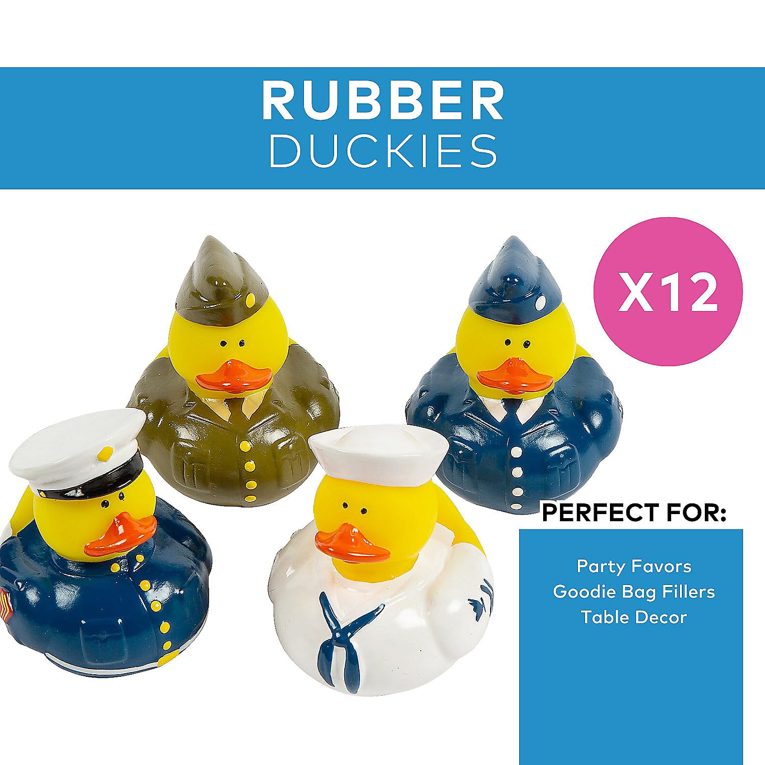 Fun Express Military Rubber Ducks Bulk 12 Pack - Army Party Favors for Kids Birthday & Classroom Prizes | Patriotic Rubber Duckies Set | Small Toys