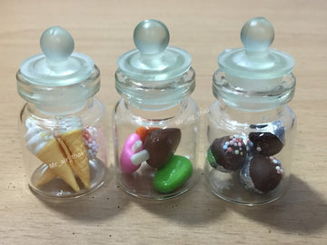 3pc Miniature Food Chocolate Cookie Cake Dollhouse Donut Candy in Clear Glass Mini Bottle fruit Food #MF055