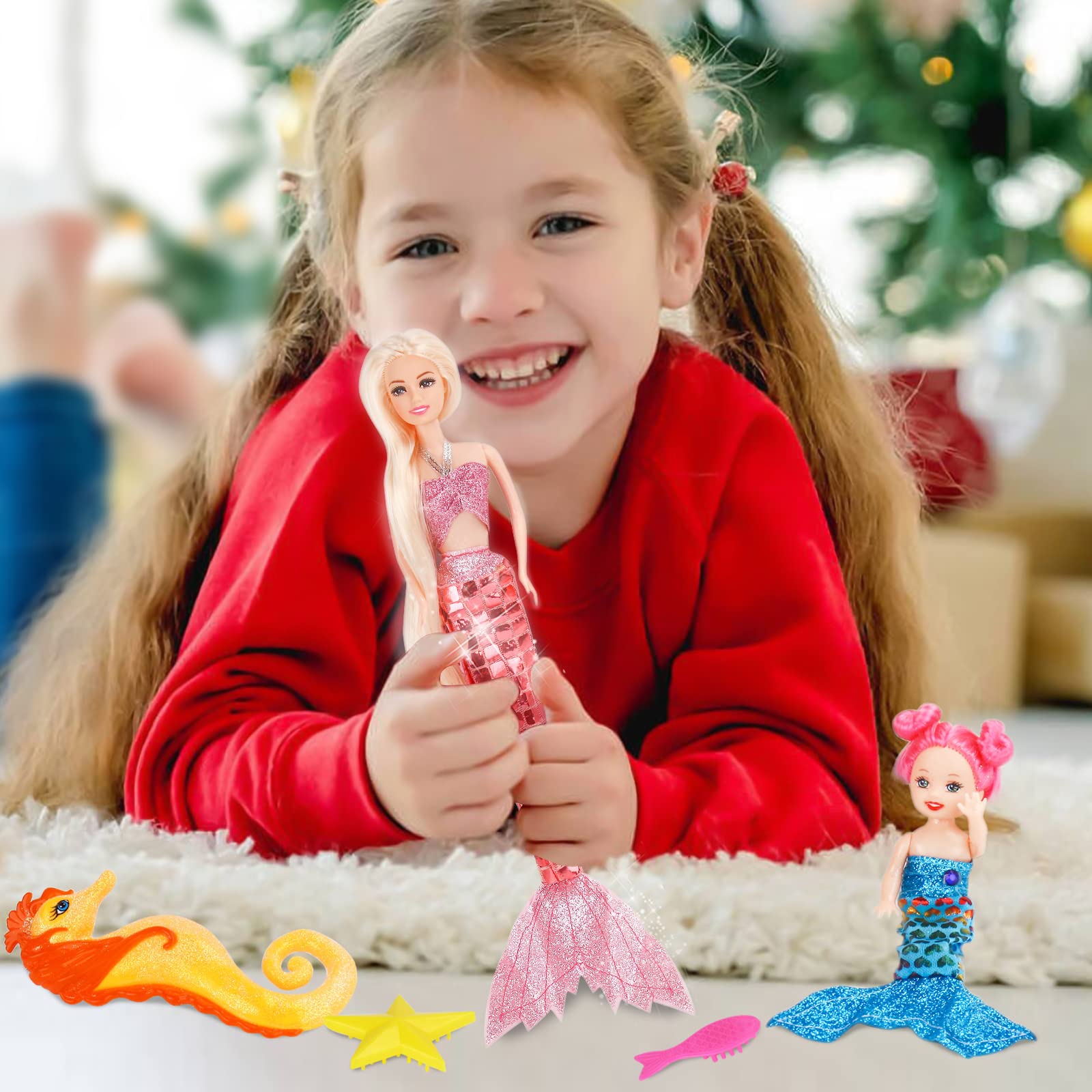 BETTINA 12'' Mermaid Princess Doll with 3'' Mermaid & Seahorse Play Gift Set | Mermaid Toys with Accessories and Doll Clothes for Little Girls (Pink)