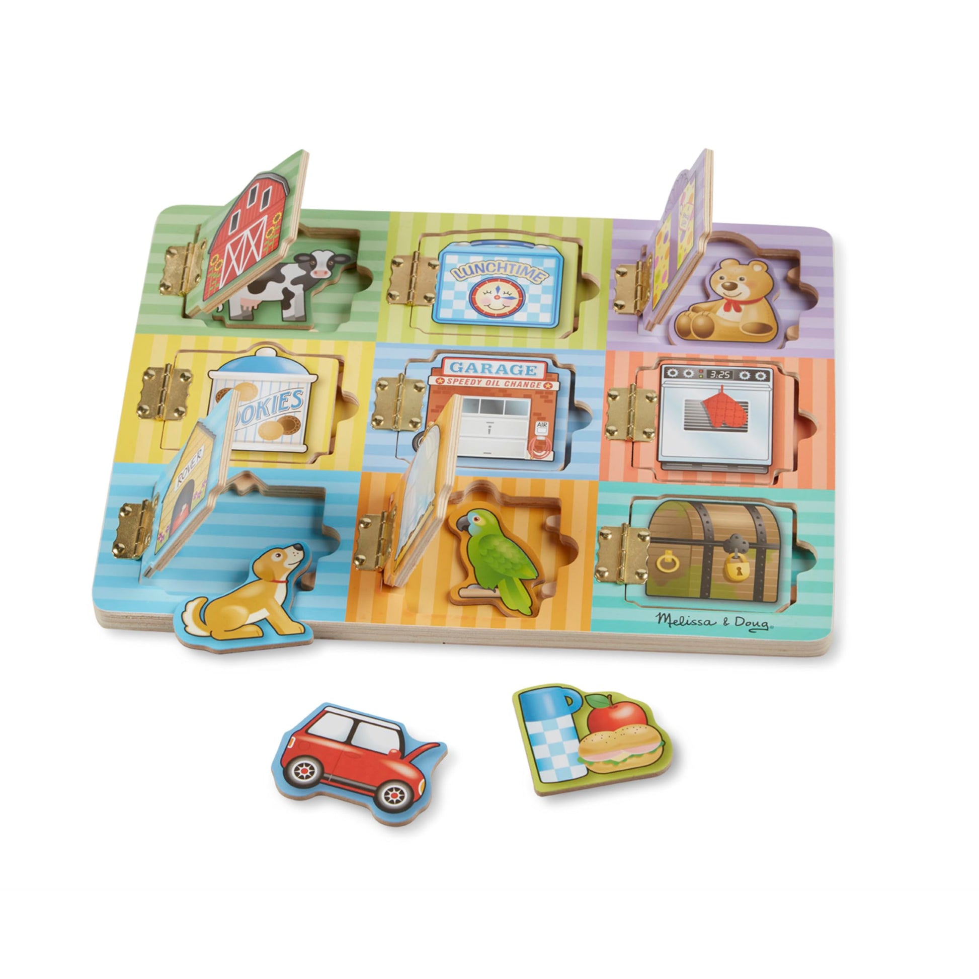 Melissa & Doug Wooden Hide & Seek Activity Board - Montessori Busy Board with Hinges, Doors & 9 Wooden Magnetic Puzzles, Educational Preschool
