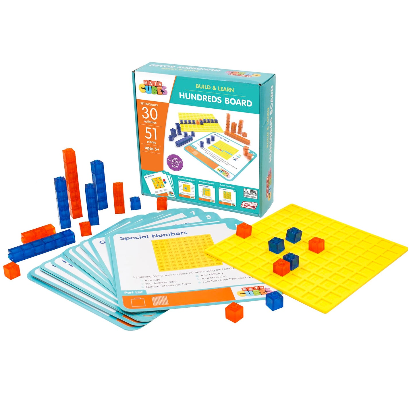 Junior Learning: Mathcubes - Hundreds Board - 30 Activity Set, Build & Learn, Blocks & Boards Hands On Math, Developmental & Education Set, Kids Ages