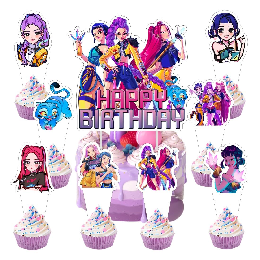 25pcs Demon Hunters Cake Decorations with 24pcs Cupcake Toppers, 1pcs Cake Topper for Demon Hunters Birthday Party Supplies Kids Birthday Decorations