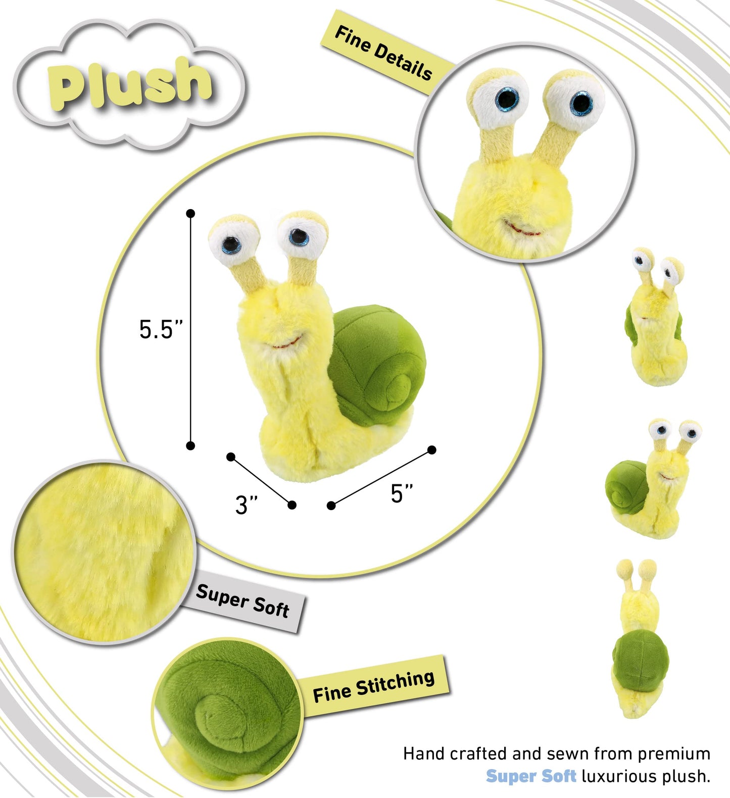 DolliBu Plush Snail Stuffed Animal - Soft Huggable Big Eyes Yellow Snail, Adorable Playtime Land Plush Toy, Cute Wildlife Cuddle Gifts for Kids