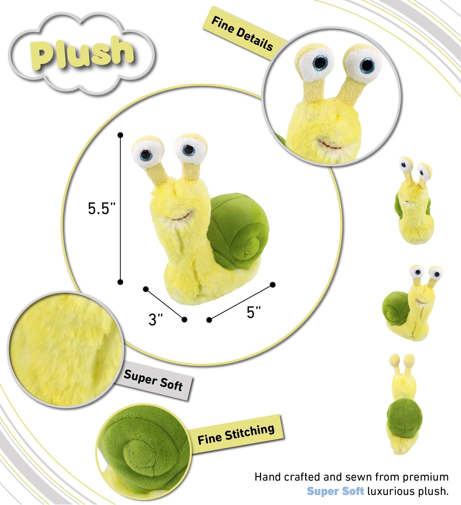 DolliBu Plush Snail Stuffed Animal - Soft Huggable Big Eyes Yellow Snail, Adorable Playtime Land Plush Toy, Cute Wildlife Cuddle Gifts for Kids