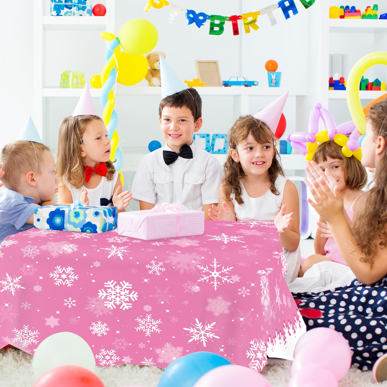 Partystadl 2Pcs Disposable Winter Snowflake Tablecloth, Disposable Pink Snowflake Plastic Table Cover, Pink Snowflake Winter Tablecloth Party
