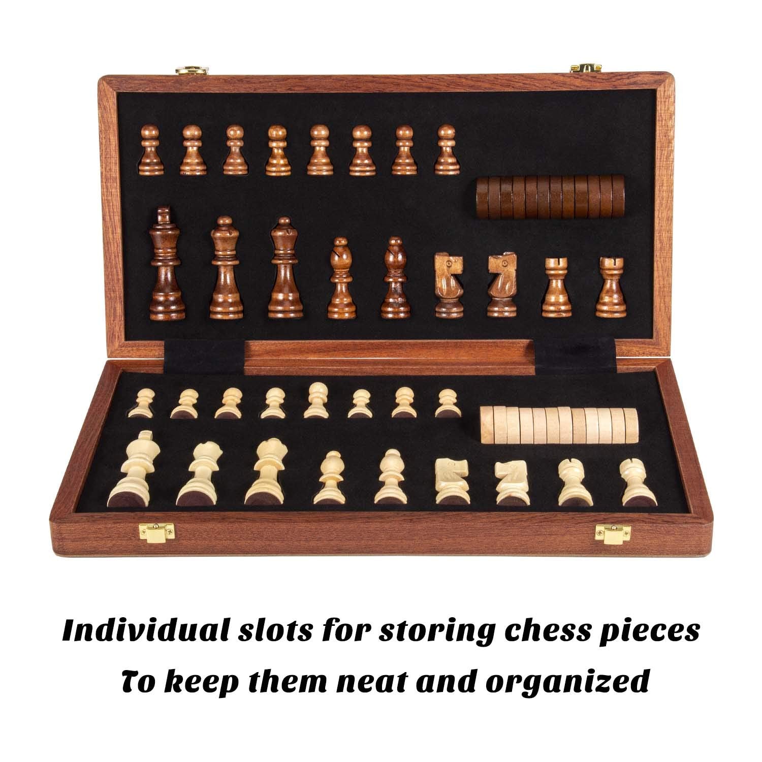 AMEROUS 15 Inches Magnetic Wooden Chess & Checkers Set (2 in 1) - Folding Board -Gift Box Packed -24 Cherkers Pieces -2 Extra Queens, Beginner Chess