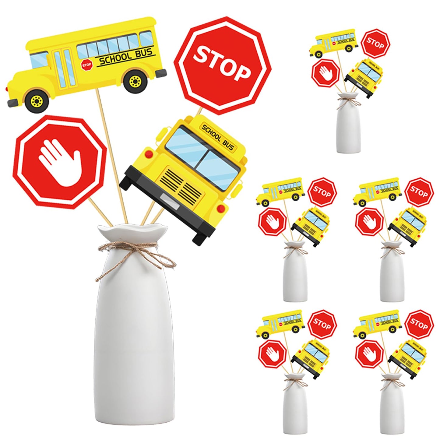 CHNBF Back to School 24Pcs School Bus Party Decorations Set - 4 Styles Centerpieces with Sticks & Stickers for Birthday, Back to School, Classroom