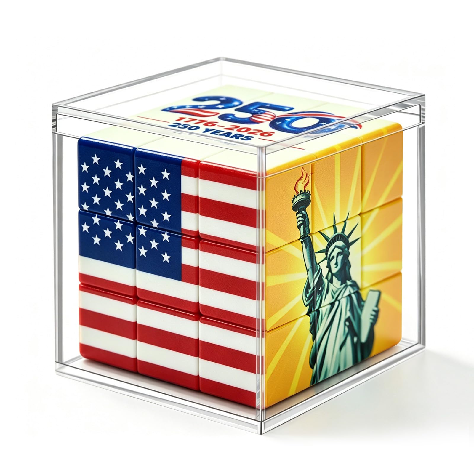 ZeeChan 250th Anniversary Cube Puzzle, USA Patriotic 3x3 Brain Teaser Toy with Acrylic Display Case | 4th of July Independence Day Gift & Decor |