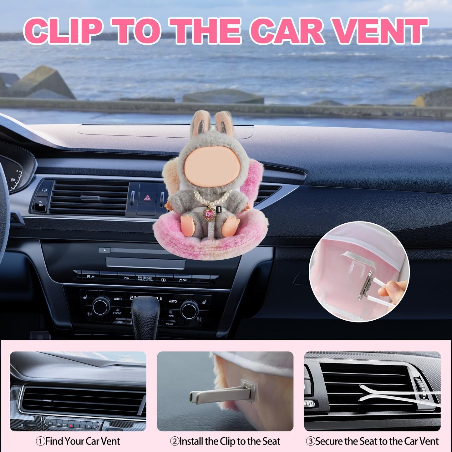 SYFLHYP Cute Doll Car Seat for Labubu, Premium Car Seat Accessories for 4-7in Dolls, 360° Rotation, Including Air Vent Clip, Desktop Stand, Adjustable