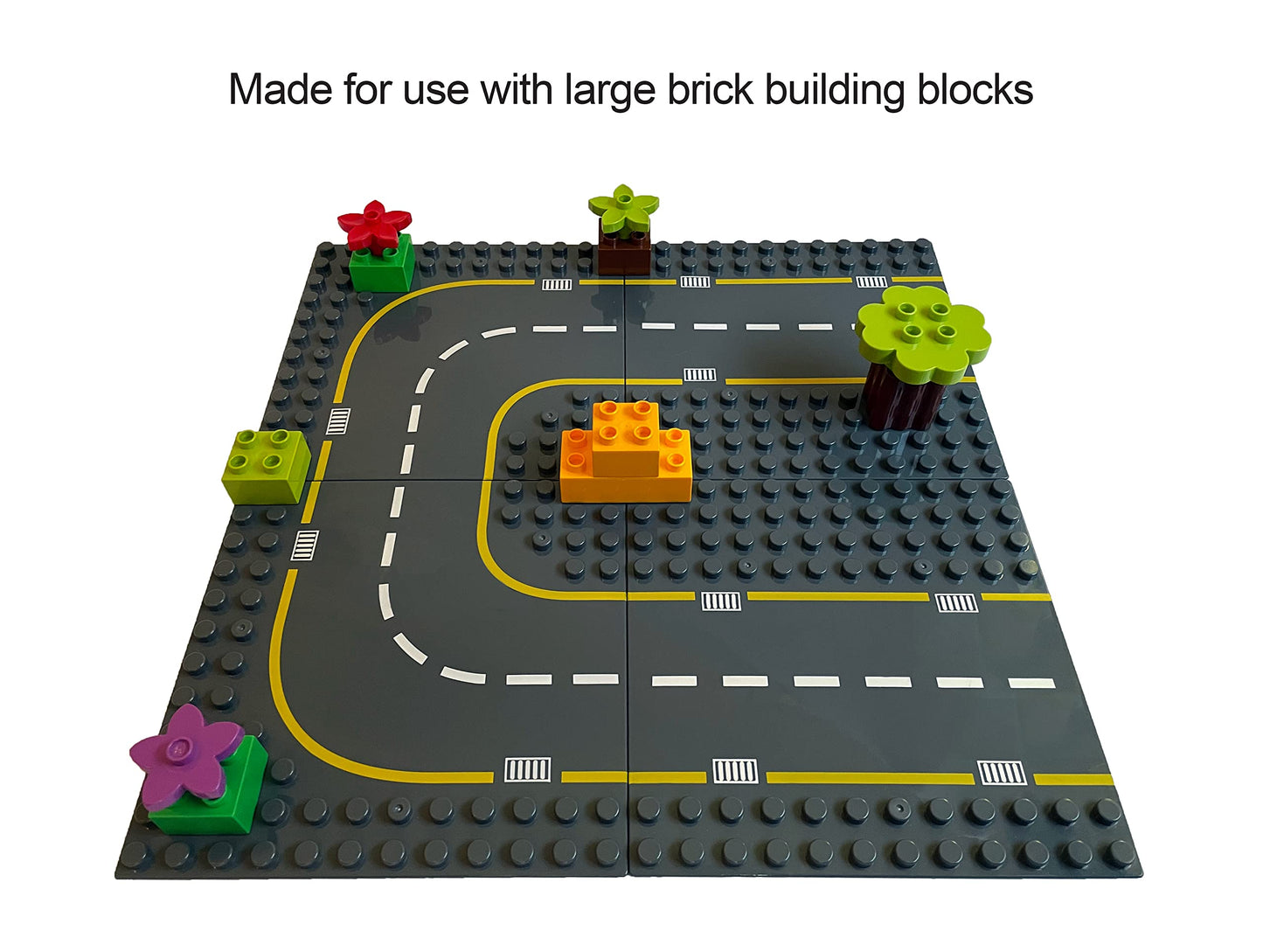 Apostrophe Games Building Block Road Base Plates Compatible with Large Bricks - 8Pcs Straight and Curved Road Construction Blocks - 7.5 x 7.5 Inch