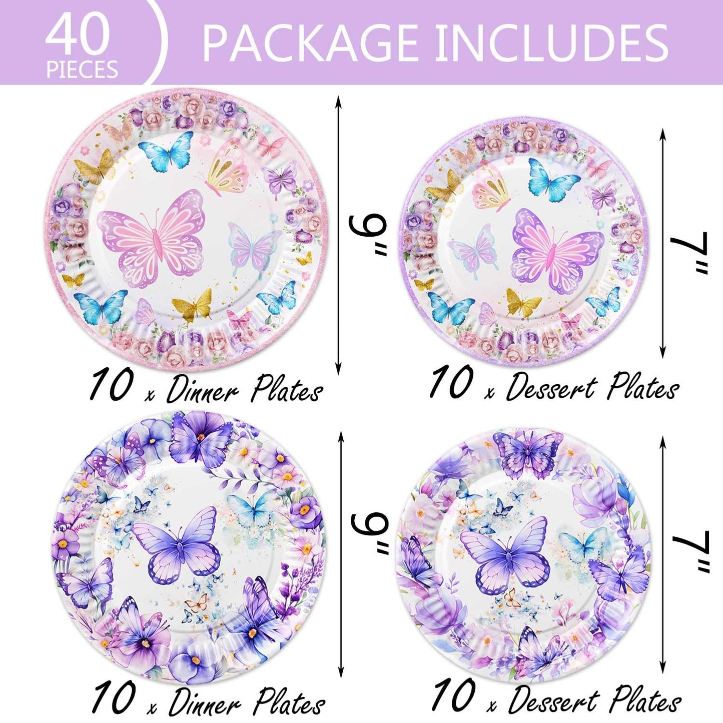 40 Pcs Butterfly Birthday Decorations Party Plates Spring Butterfly Disposable Paper Plates 4 Designs Tableware for Butterfly Theme Girls Baby Shower