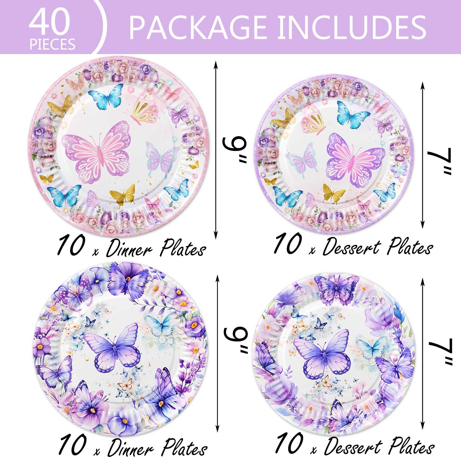 40 Pcs Butterfly Birthday Decorations Party Plates Spring Butterfly Disposable Paper Plates 4 Designs Tableware for Butterfly Theme Girls Baby Shower