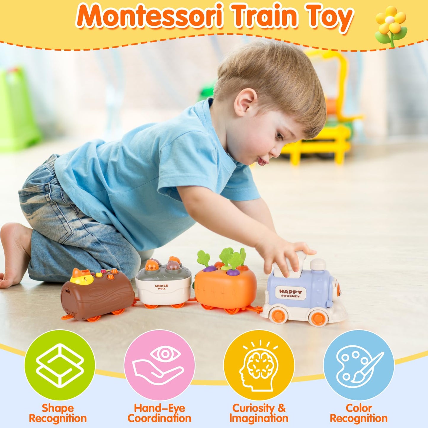 Sizobi Press to Go Train Toys for Toddlers 2-4, Learning Sorting Montessori Toys for Kids 3+, Fine Motor Skills Educational Train Set, Preschool
