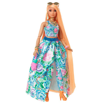 Barbie Extra Fancy Fashion Doll & Accessories with Curvy Shape & Orange Hair in Floral 2-Piece Gown with Pet Kitten