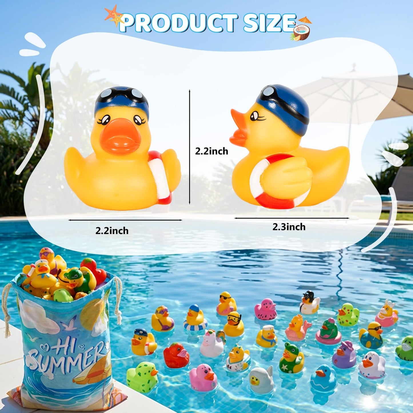 24Pack Summer Rubber Ducks with a Bag, Summer Duck for Jeeps, Assorted Beach Toys for Pool, Duckies Games, Party Favors, Birthday Gifts, Classroom