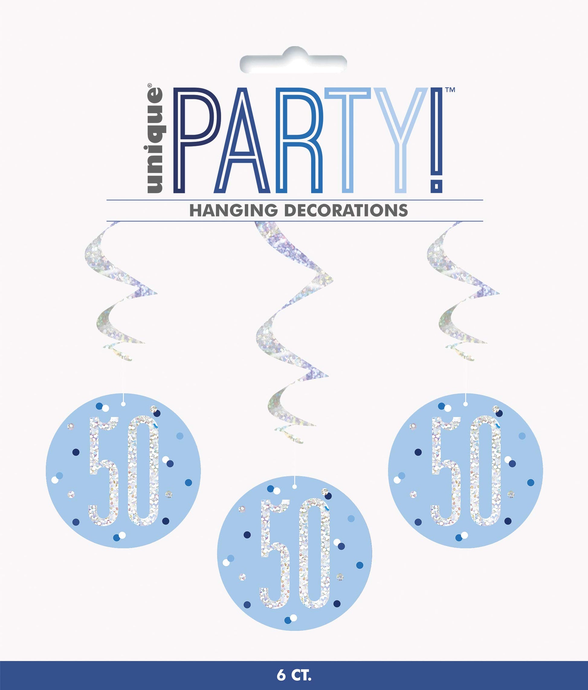 Unique 83800 Blue Prismatic 50th Birthday Hanging Decorations,32" 6 Pcs, Age 50