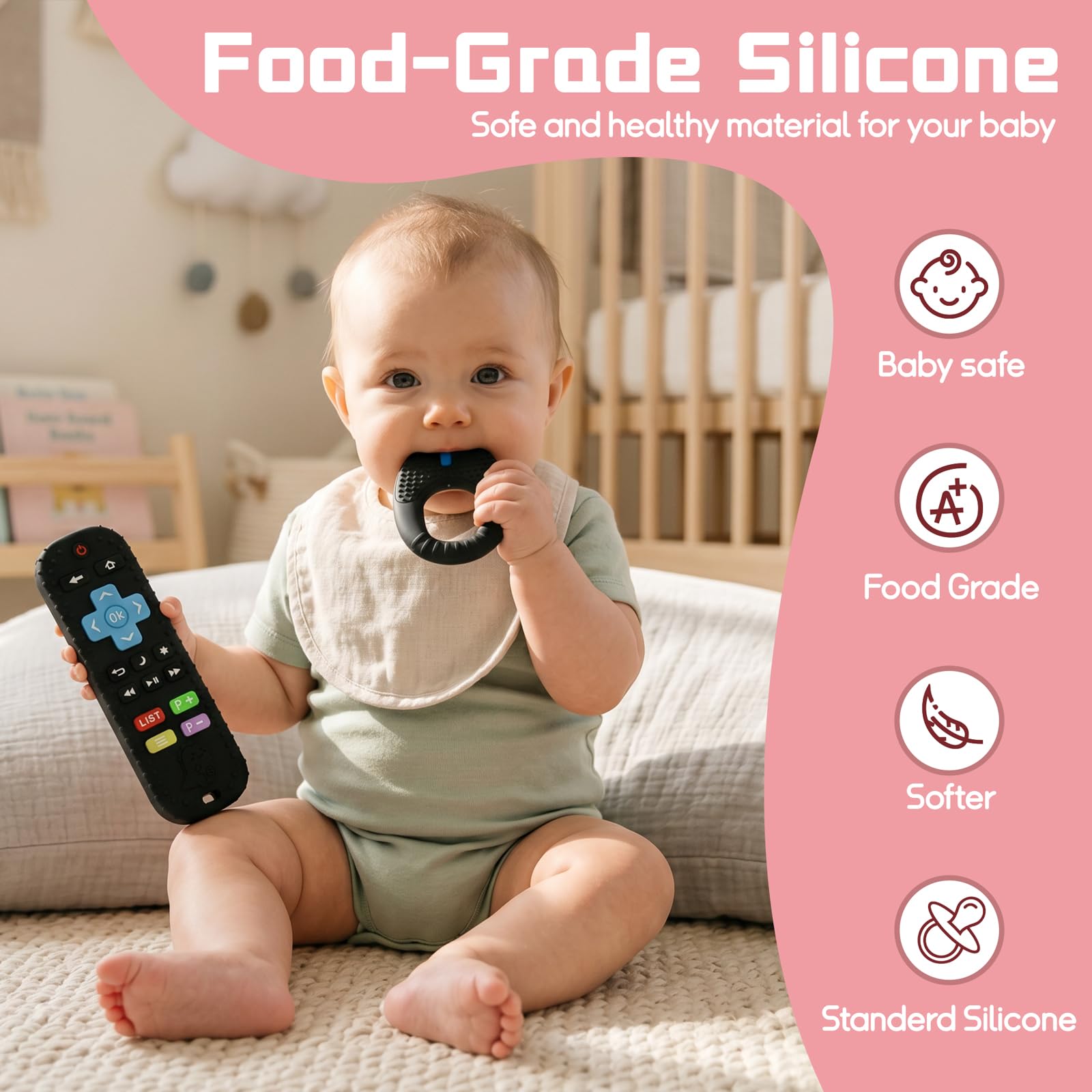 WALULAN 2 Pack Silicone Teething Toys for Babies 6-12 Months, Babys Controller Sensory Teether, Baby Chew Toys for Infant Toddler Girl Boy Gifts