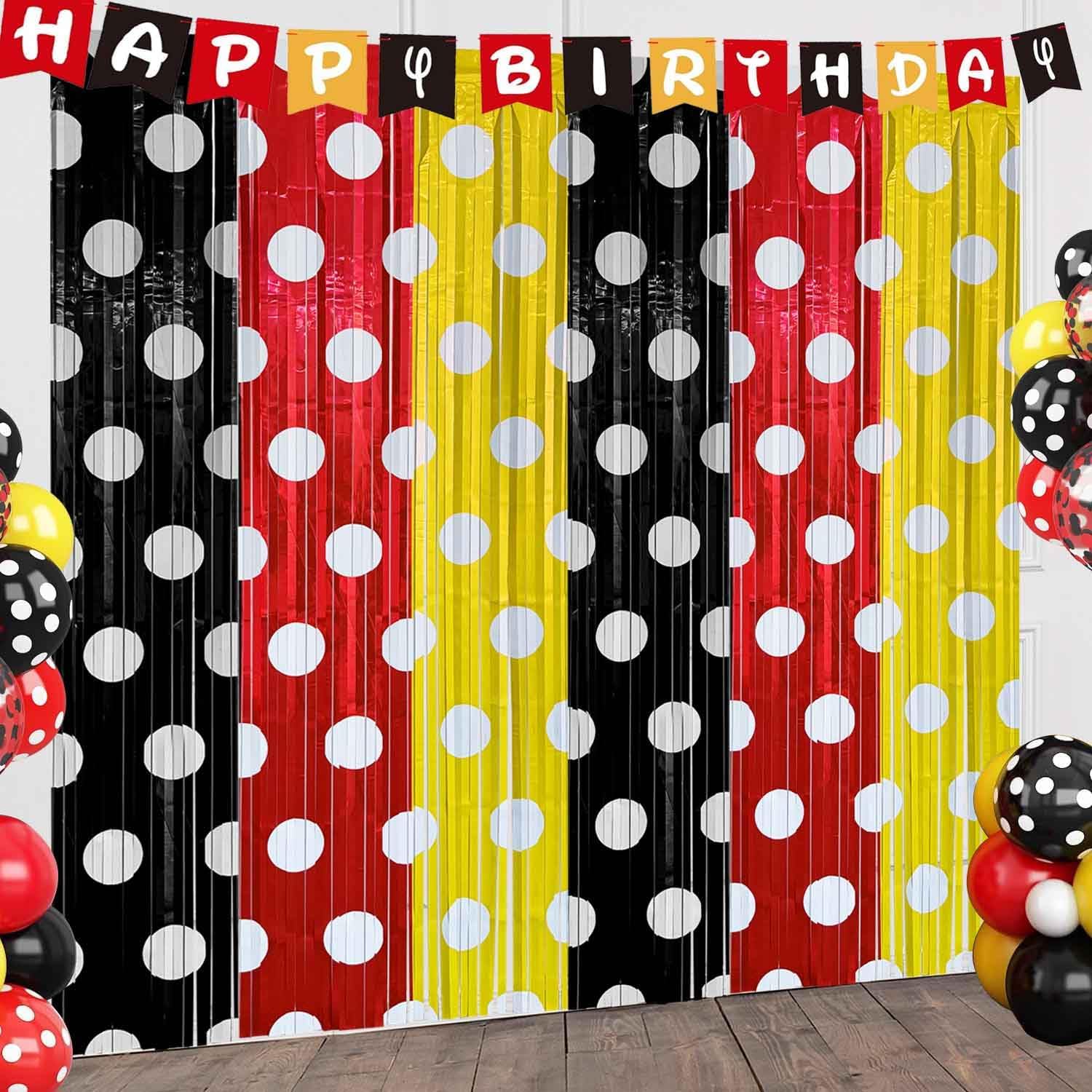Red Black Yellow Foil Fringe Curtains Birthday Decorations, 2 Pack 3.2x6.6ft Mouse Color Tinsel Streamers Backdrop Baby Shower Cartoon Mouse Birthday