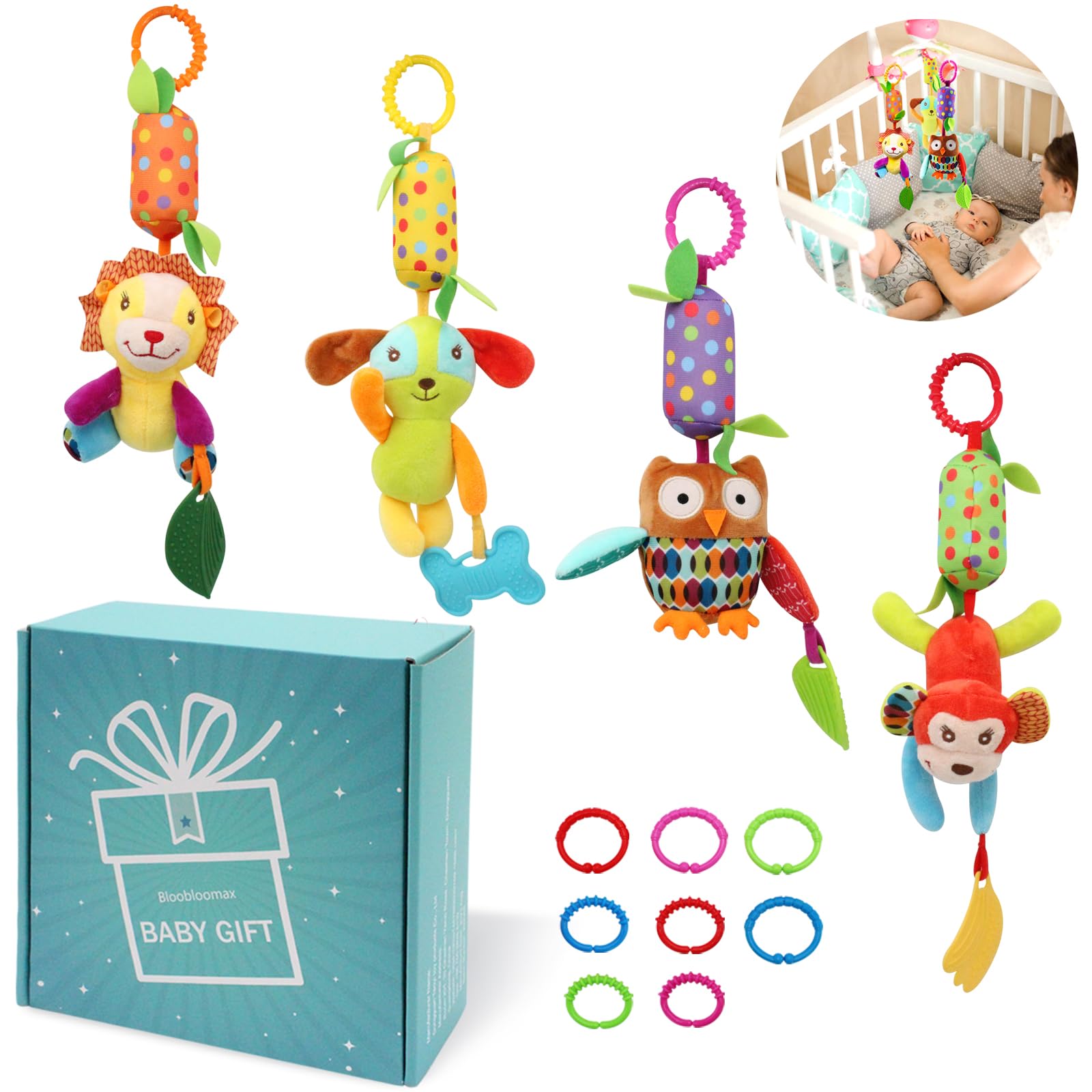 Bloobloomax Baby Soft Hanging Rattle, Car Seat Stroller Toys with Plush Animal C-Clip Ring for Infant Babies Boys and Girls 3 6 9 to 12 Months