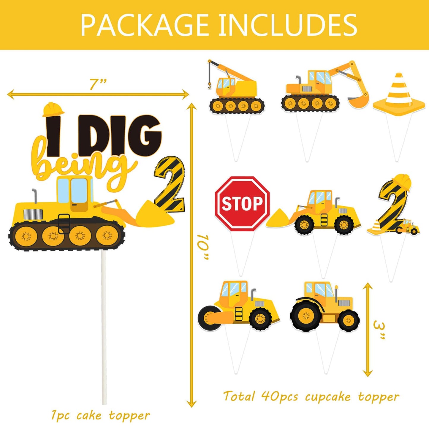210 Pcs Construction 2nd Birthday Decorations - Includes Plates Napkins Cups Cake Cupcake Toppers Banner Hanging Swirls Tablecloths Balloons