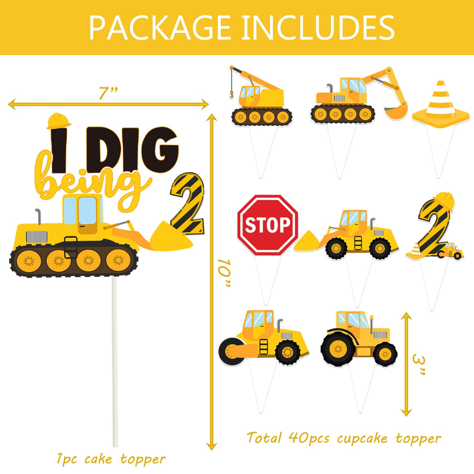 210 Pcs Construction 2nd Birthday Decorations - Includes Plates Napkins Cups Cake Cupcake Toppers Banner Hanging Swirls Tablecloths Balloons