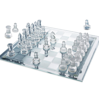 Gamie Premium Glass Chess Set, 12 Inch - Elegant Design - Durable Build - 32 Frosted and Clear Pieces - Felted Bottoms - Easy to Carry - Stable