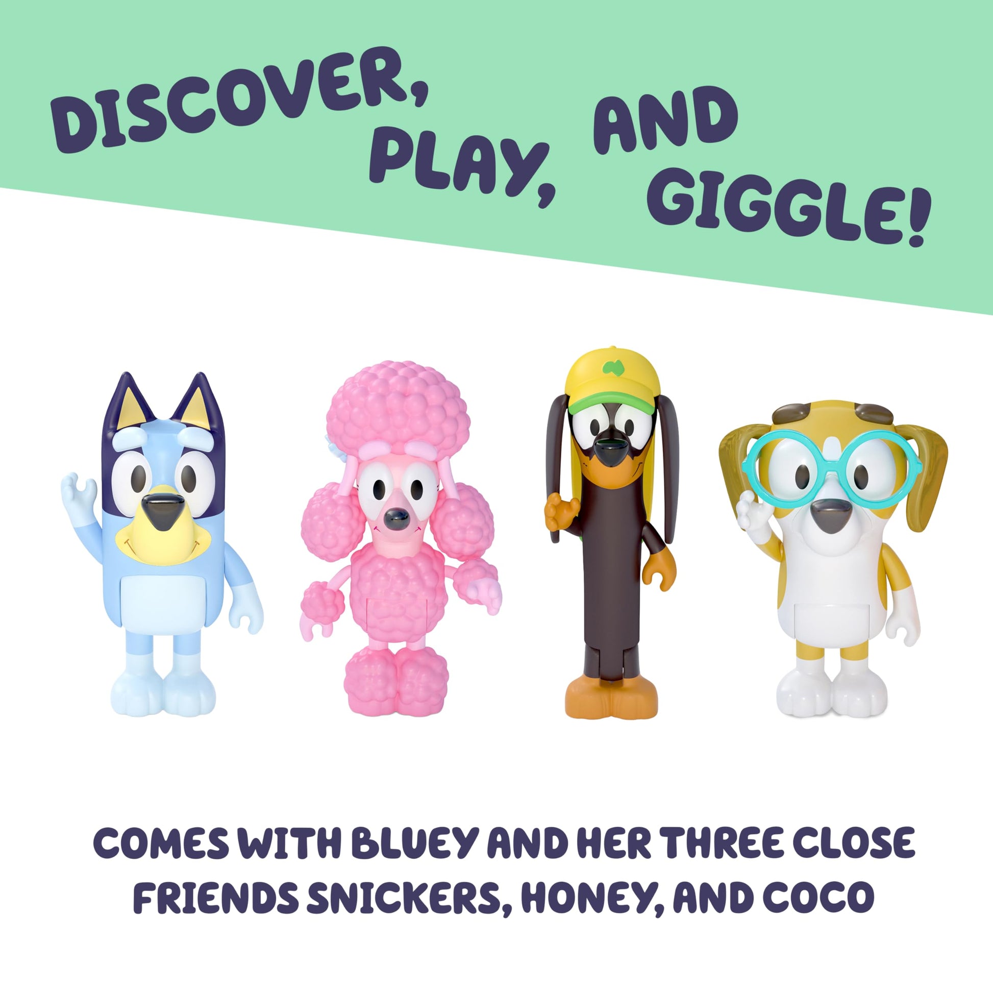 Bluey Friends Figurine Toys Pack of 4, Articulated Character Toys with Snickers, Honey, and Coco Figurines, Small Action Figures for Kids Ages 3+