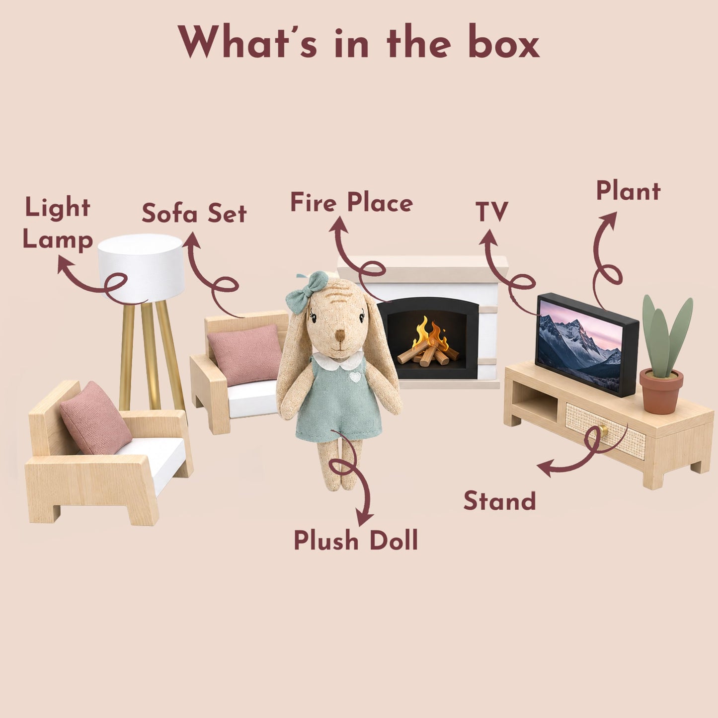 SPEEDY MONKEY Cozy Kids Dollhouse Living Room Playset with Bunny Sofa & TV