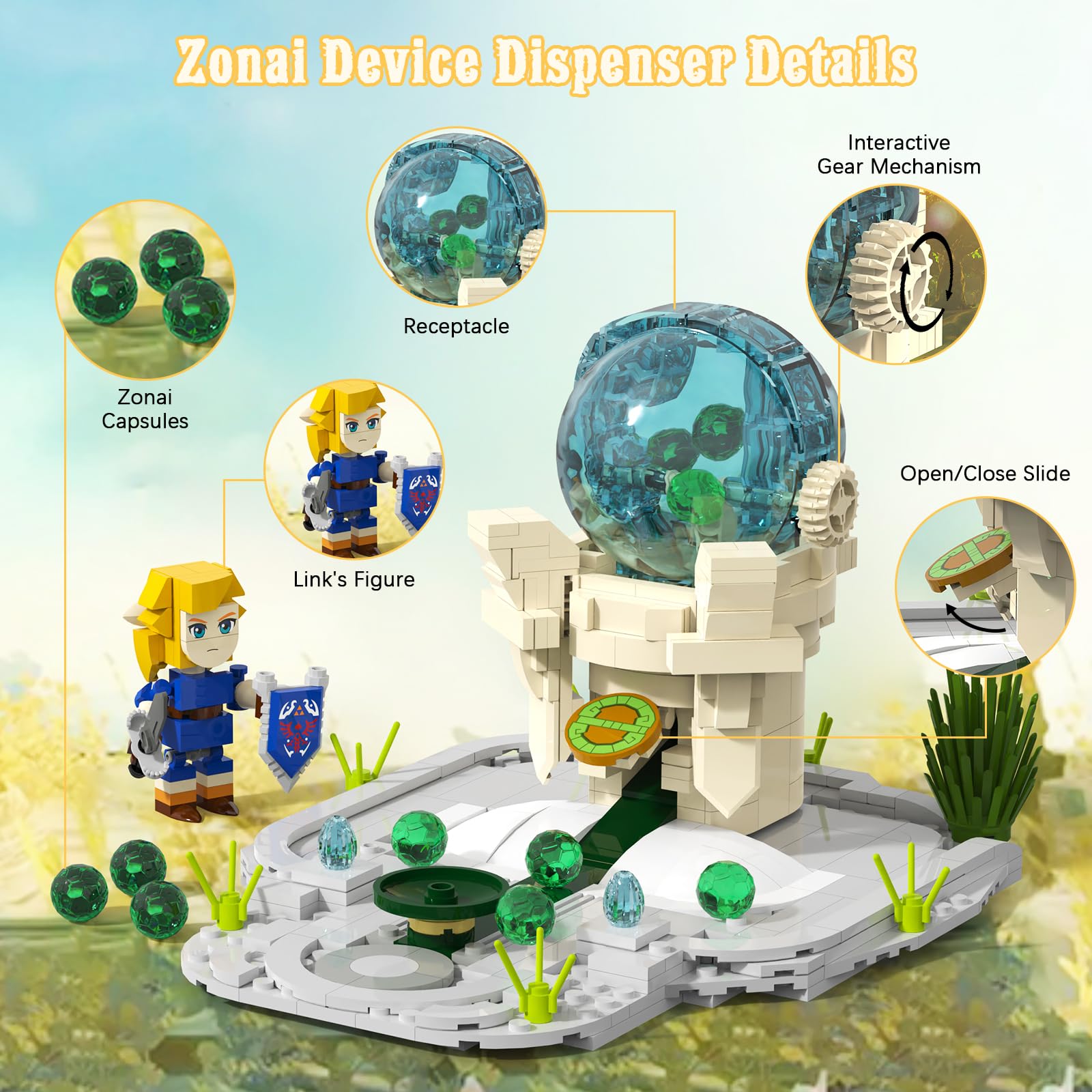 Tenhorses Link Zonai Device Dispenser Building Set, BOTW Link Sword Figures Merch with Rotatable Random Ball Selector, Birthday Party Supplies
