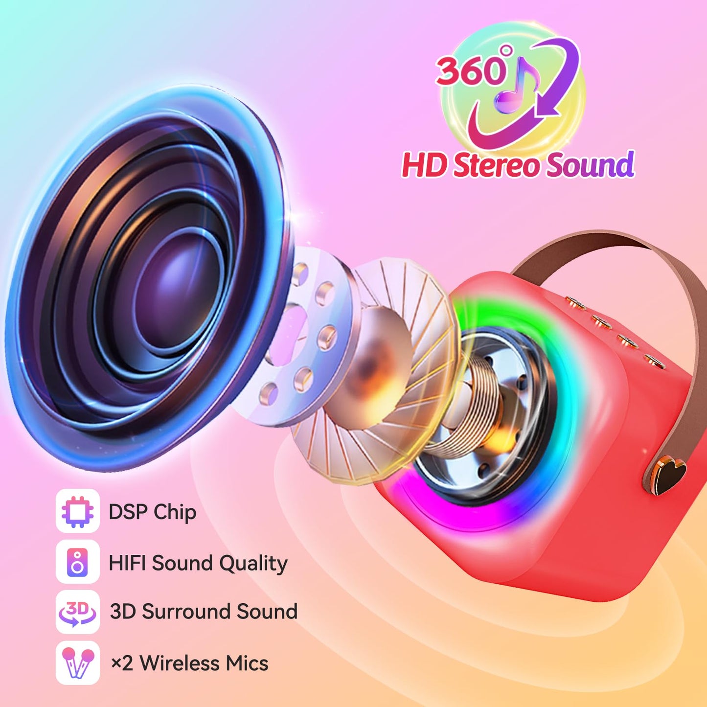 Karaoke Machine for Kids with 2 Wireless Microphones,Girls Speaker with Christmas Colorful LED Lights,Birthday Gift for 3-12 Years Old,Portable Toys