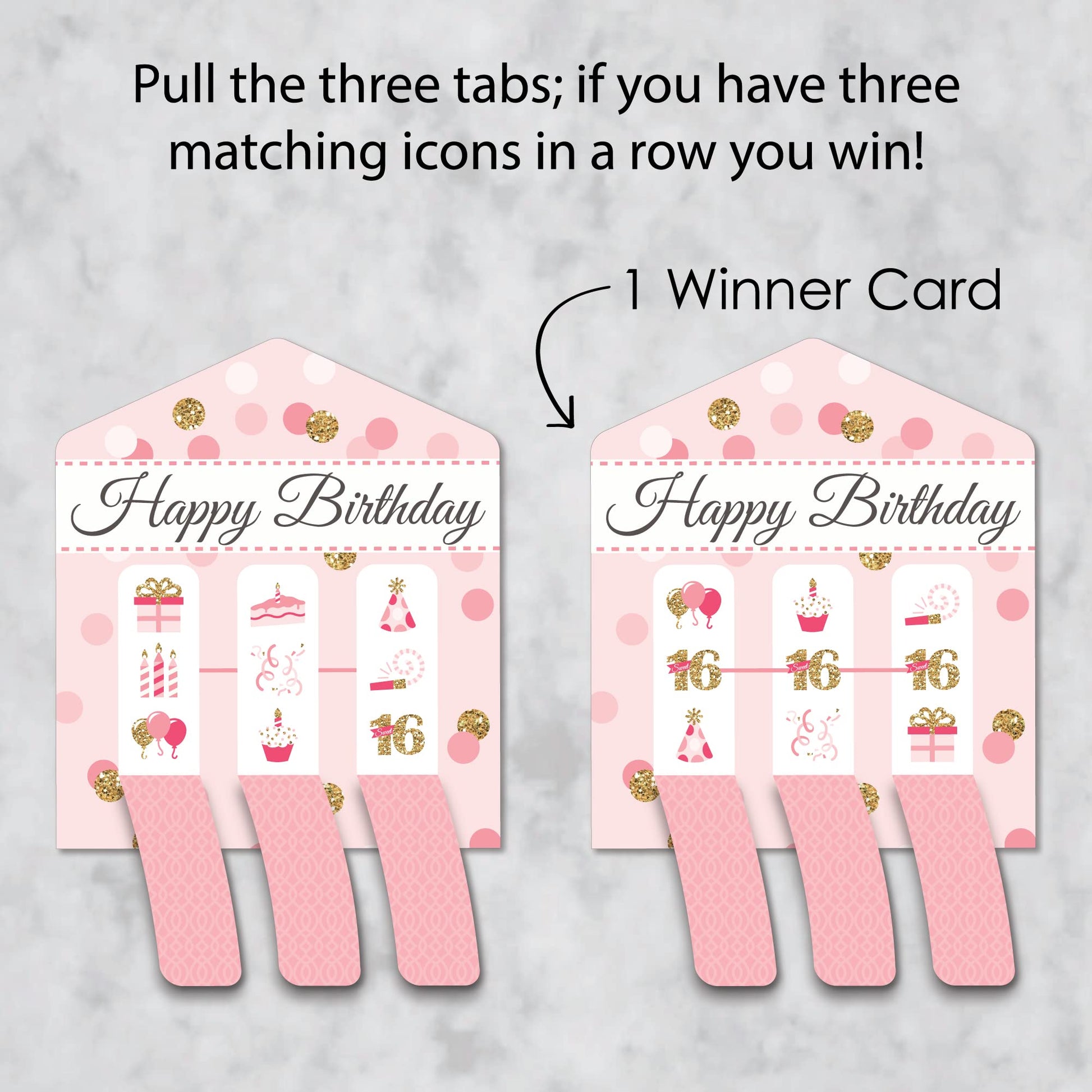Big Dot of Happiness Sweet 16-16th Birthday Party Game Pickle Cards - Pull Tabs 3-in-a-Row - Set of 12