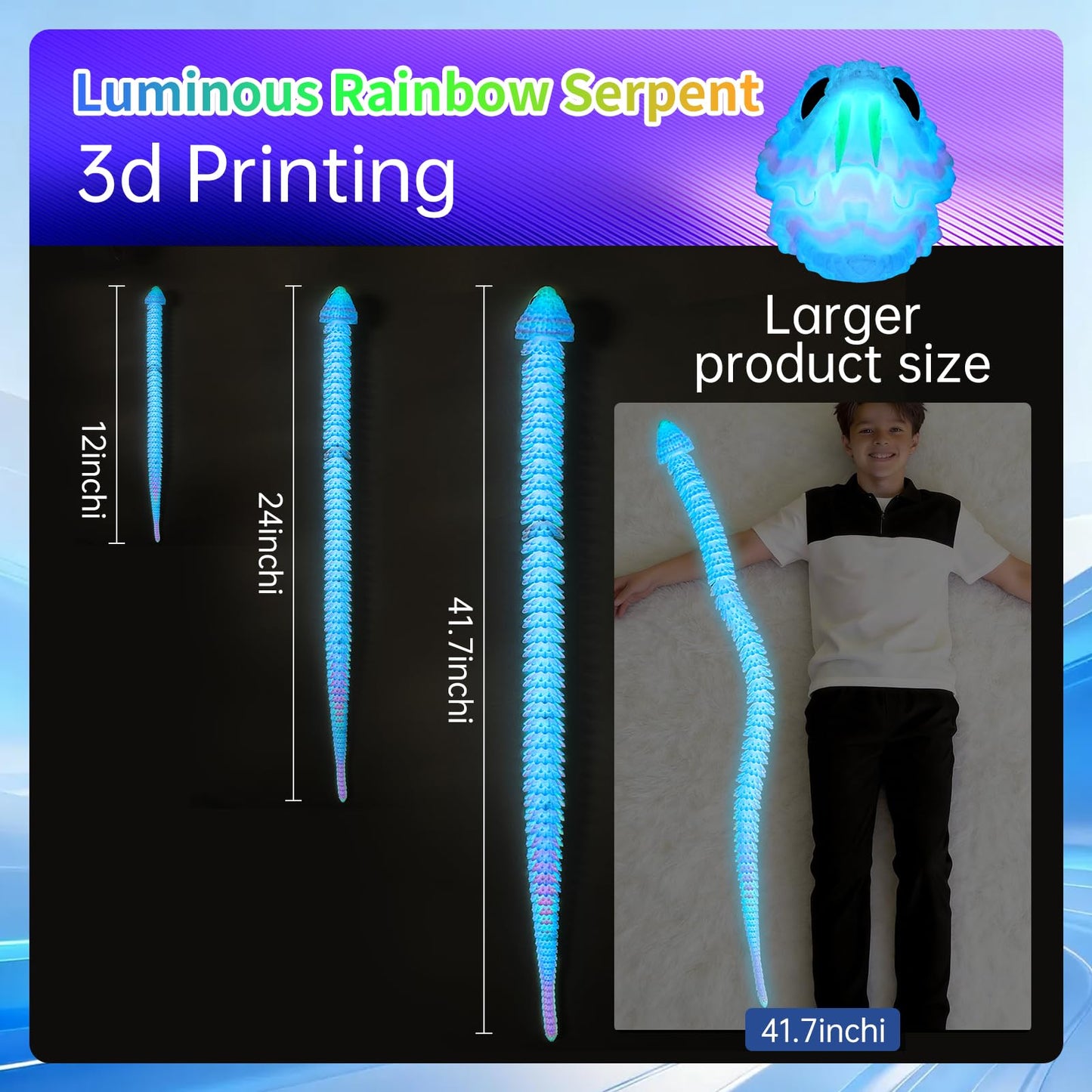 41.7in Giant 3D Printed Snake Realistic Large Toy Snake Figurine, Flexible Snake Model with Noctilucent Movable Teeth for 3D Printed Animals