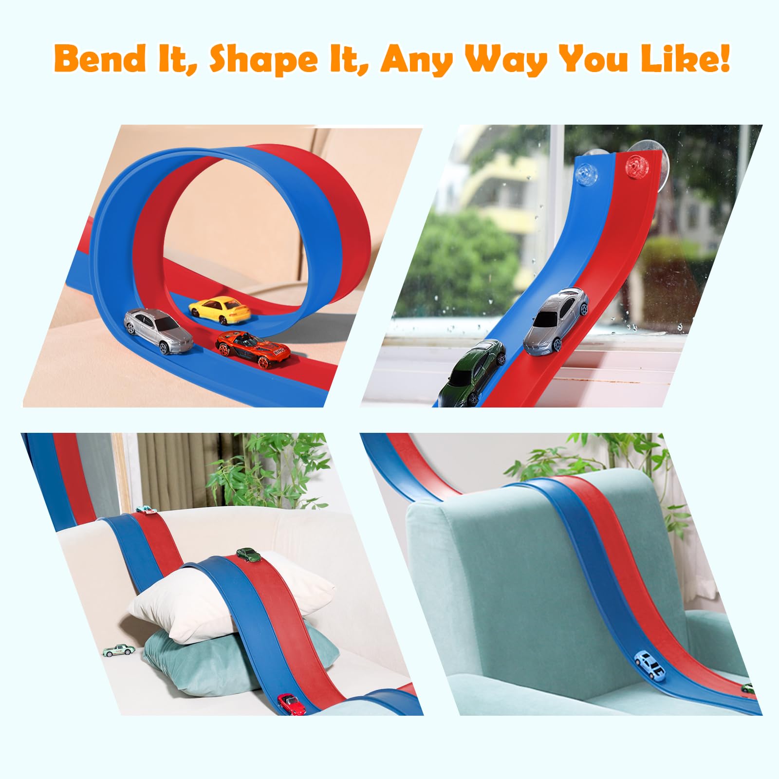 15 Ft Flexible Race Track for Kids 3+, Certified Safe Flex Race Car Ramp with Two 1/64 Diecast Cars - Starter Set, Portable Roll-Up Racetrack
