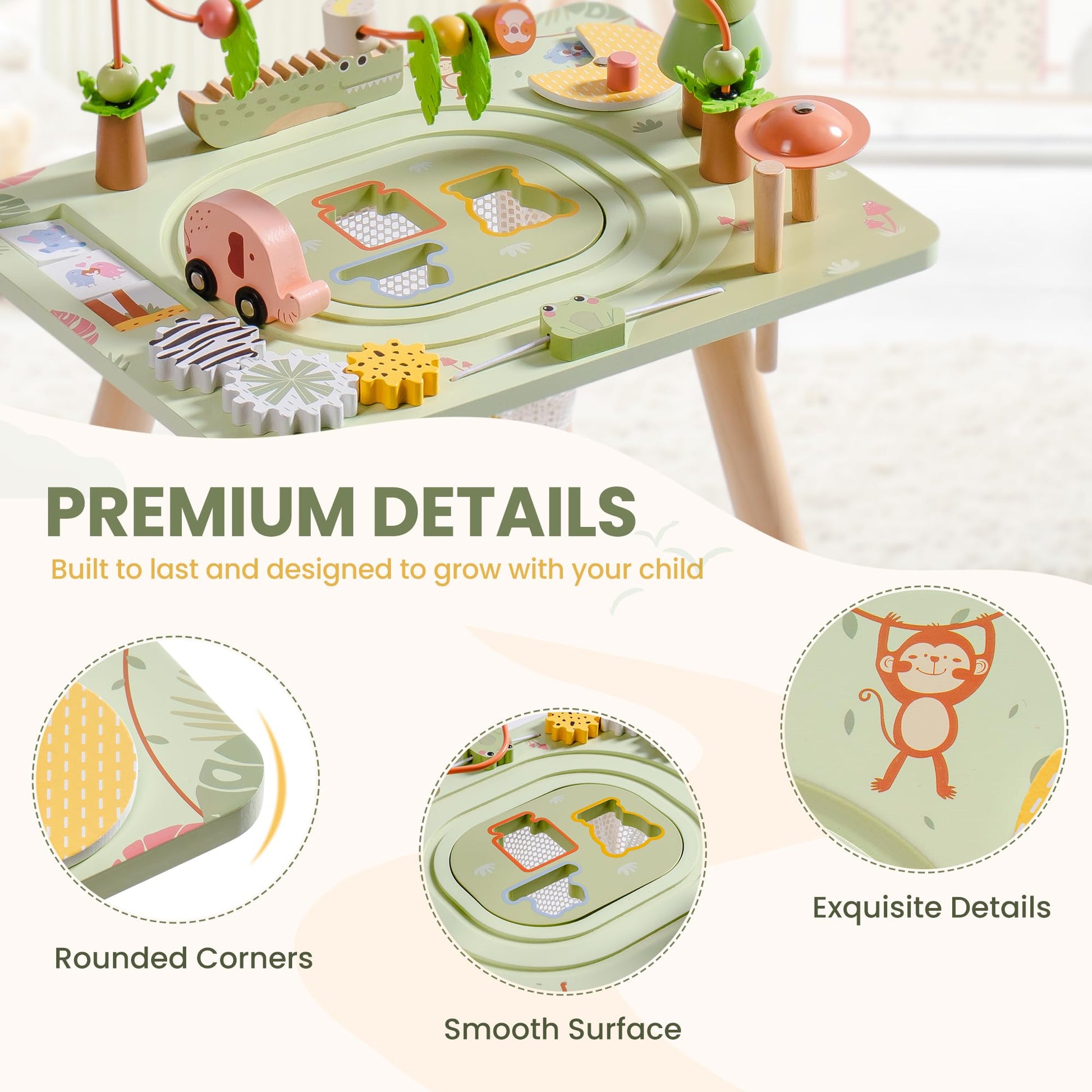 ROBUD Activity Table, 11-in-1 Montessori Learning Table with Bead Maze, Gears, Track, Shape Matching, Storage & More, Wooden Montessori Toys