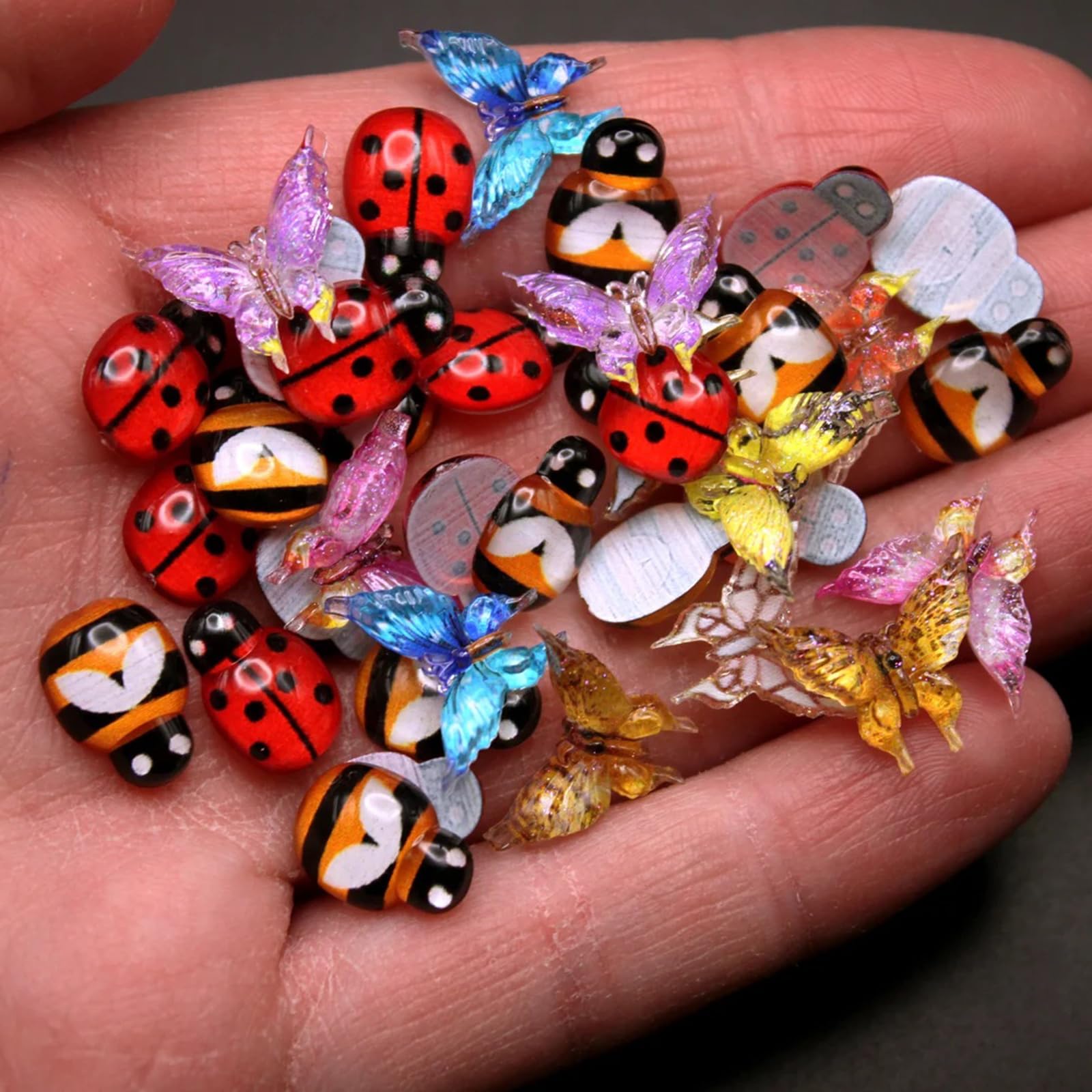 Miniature Micro Resin Ladybug Butterfly Bee Set, Dollhouse Miniature Flatback Cabochon Bugs, for Spring Fairy Garden, Terrarium, Scrapbook, Nail Art