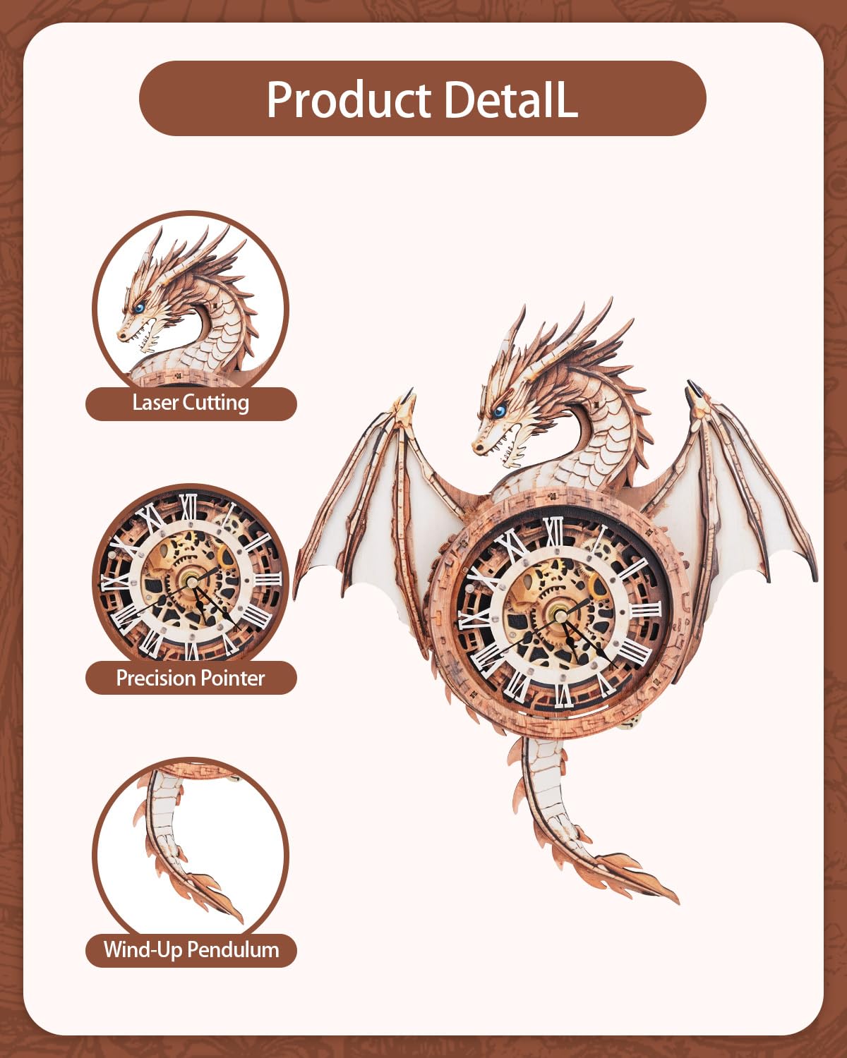 Rnfinewow 3D Puzzles for Adults, 3D Puzzle Dragon Clock Kit (with Pendulum), Wooden Puzzles for Adults Home Wall Decor Dragon Clock Christmas Day