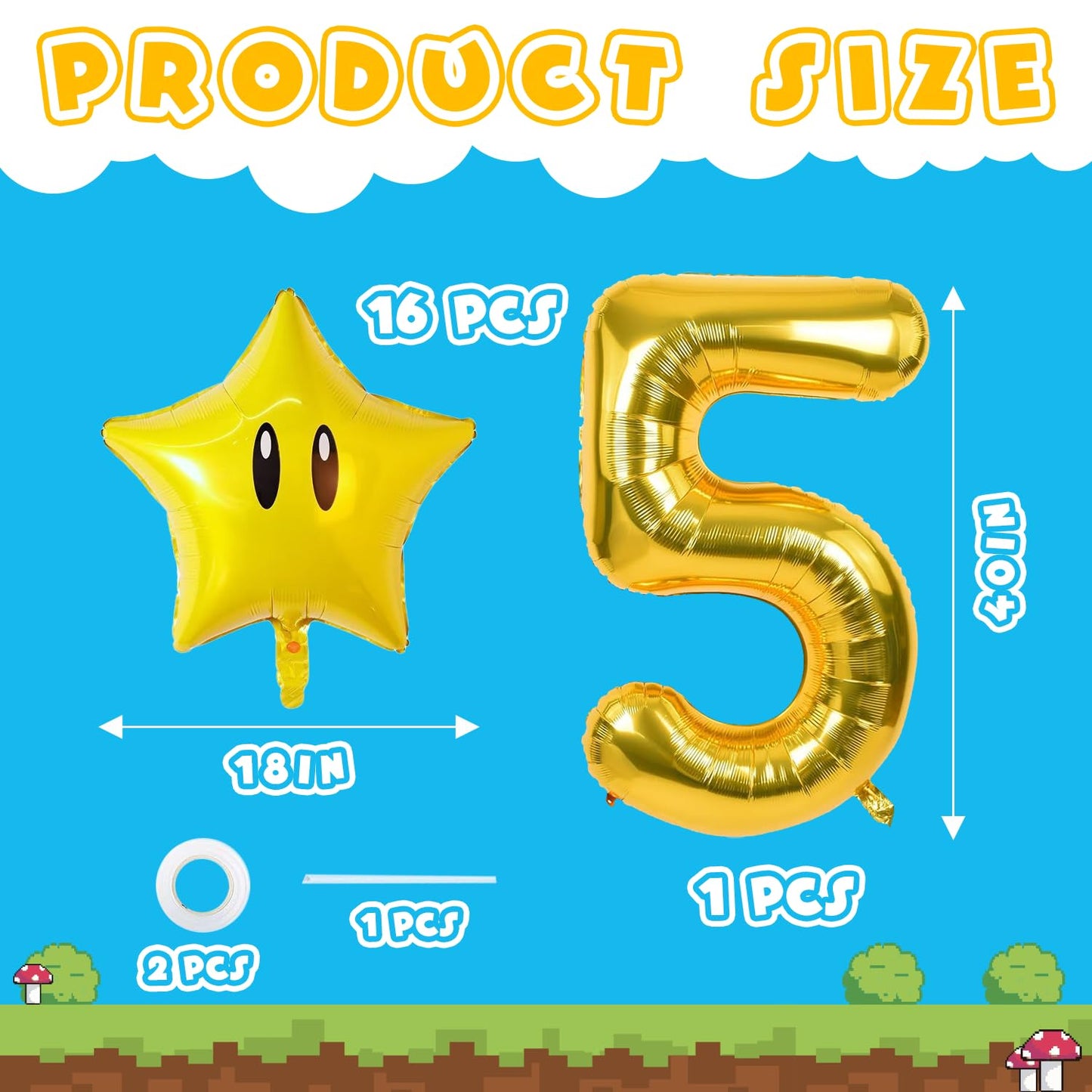 16PCS Foil Star Balloons, 40Inch Number 5 and Star Foil Balloons For Game Theme 5th Birthday Party Decorations Children Party Supply Party Decor ?5th?