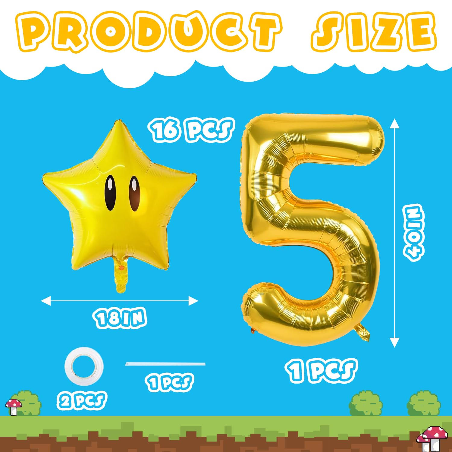 16PCS Foil Star Balloons, 40Inch Number 5 and Star Foil Balloons For Game Theme 5th Birthday Party Decorations Children Party Supply Party Decor ?5th?