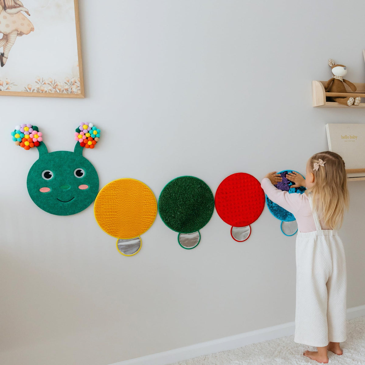 ATA zooz Sensory Wall Panel for Kids - Caterpillar Tactile Texture Board for Fine Motor Skills & Calm Down Corners - Screen-Free Sensory Wall Toy