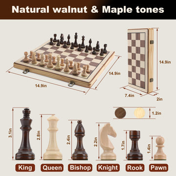 15 Inch Wooden Chess Set with Folding Board and Chess Piece Storage Slot, Handmade Portable Travel Chess Game Sets for Kids Adults Beginner and Pros